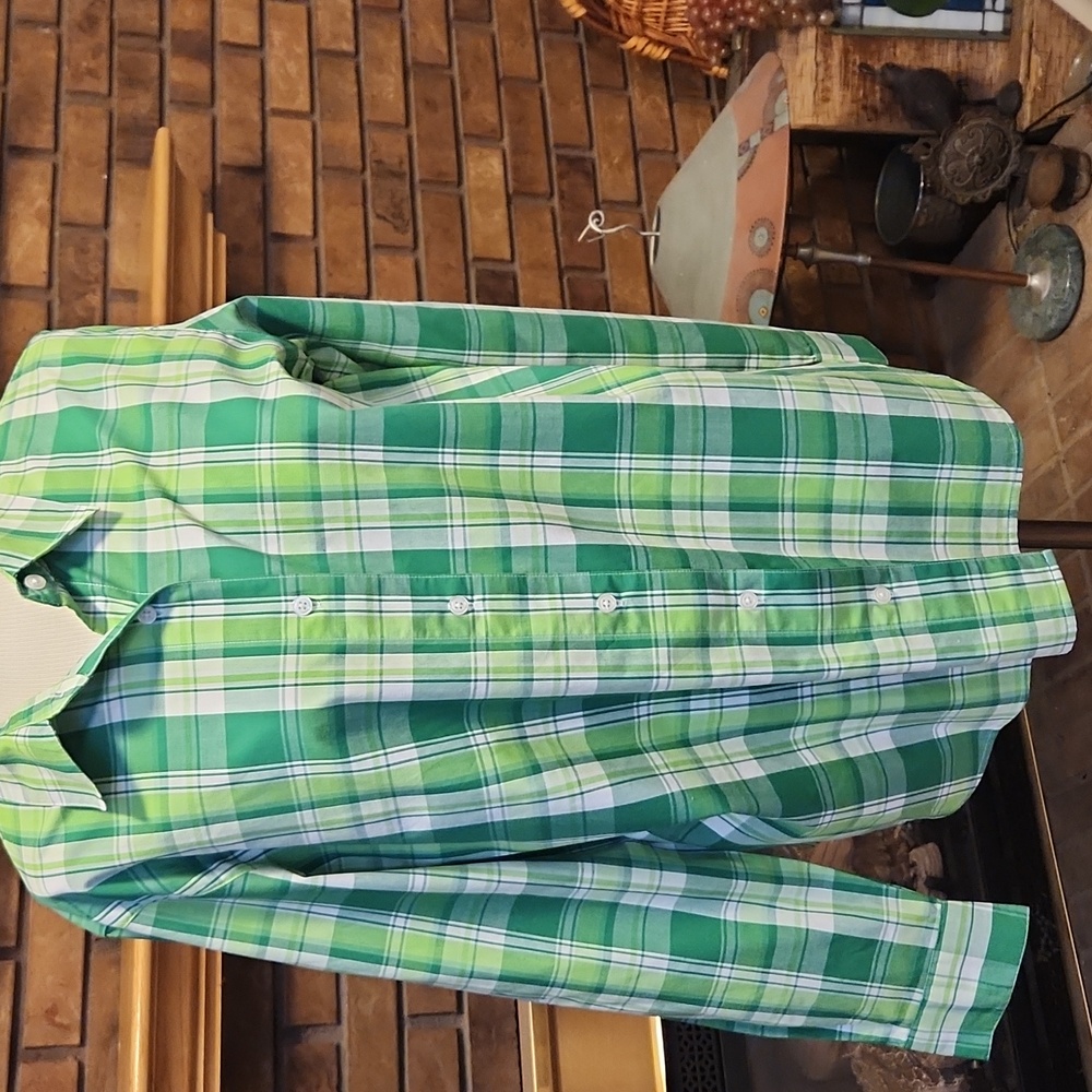 Cascade Blue Size L Green Plaid Shirt 100% Cotton Preppy